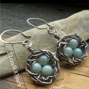 Artisan Silver Wire Earrings with Aqua Beads